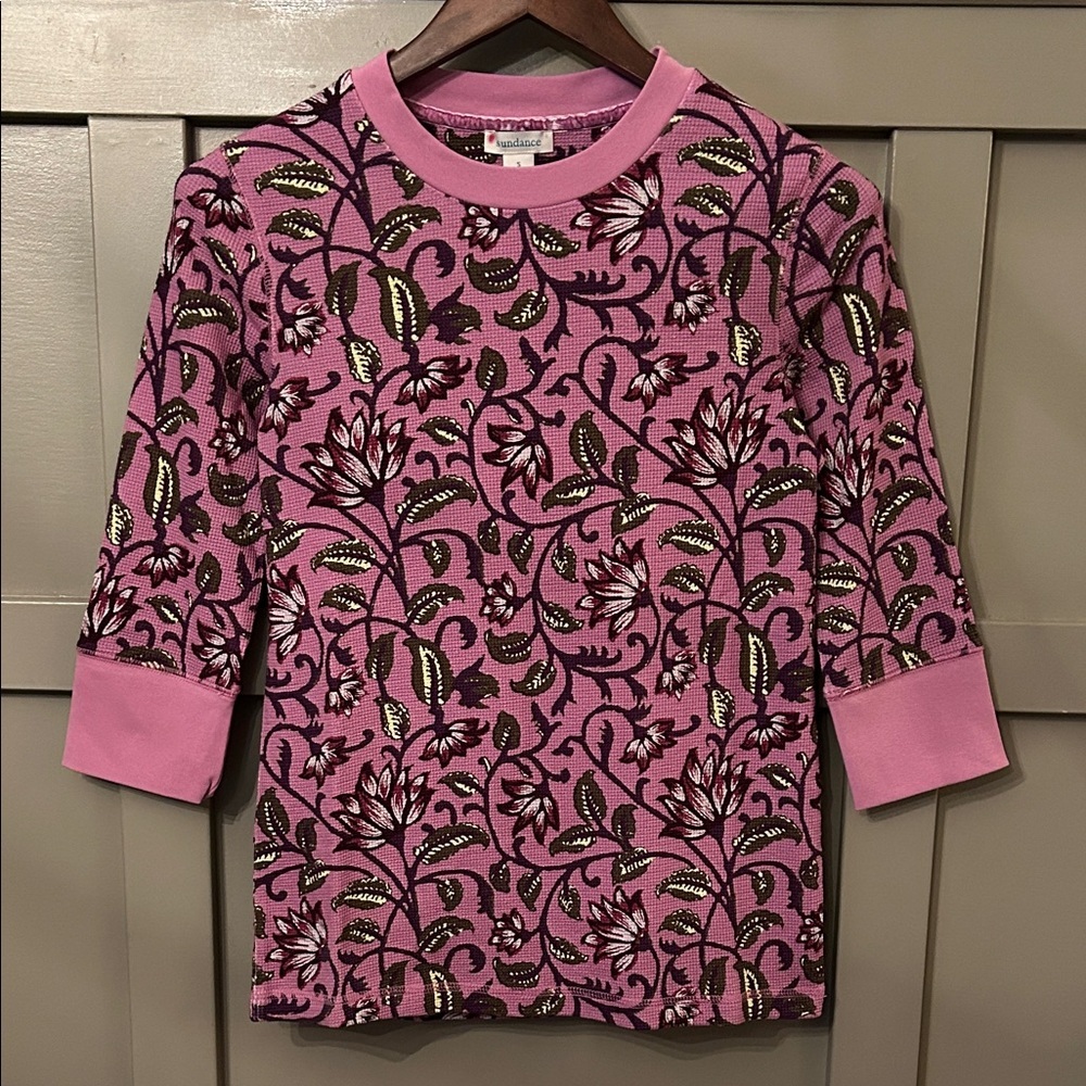 Sundance Floral Printed Waffle Knit Thermal Top Pink Cotton Size Small